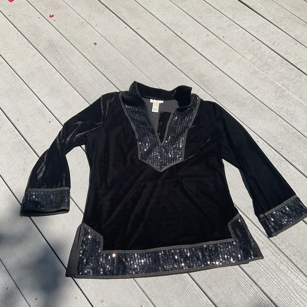 Victor Costa Black Velvet With Sequin  Embellished Top